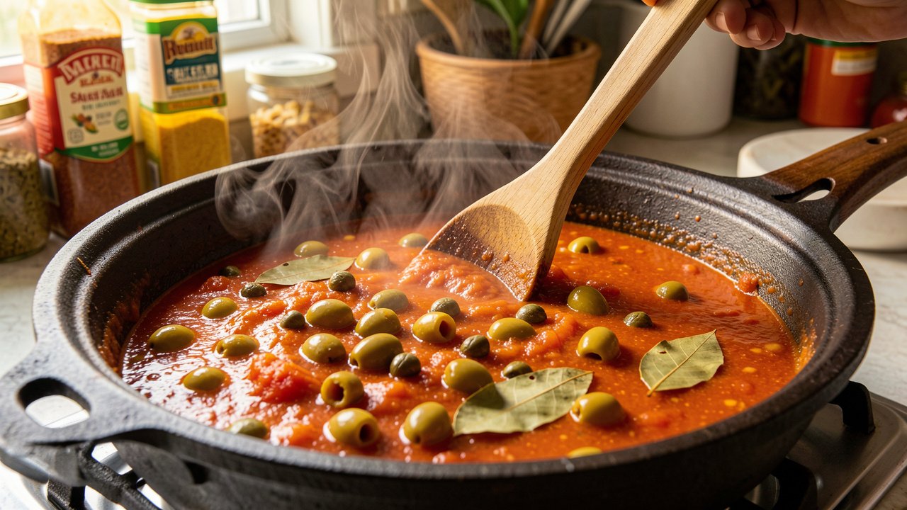 Sofrito, tomato sauce, olives, and capers cooking into an orange-red base