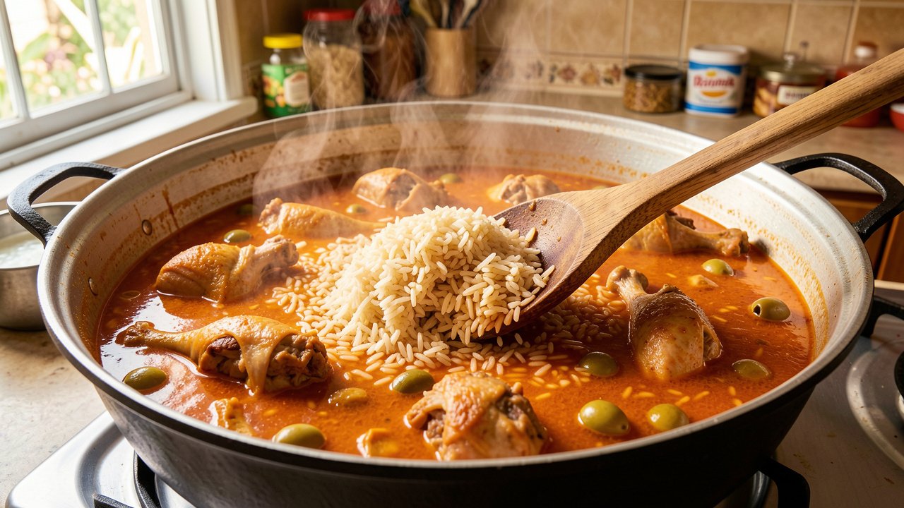 Medium-grain rice being stirred into a pot of brothy chicken stew