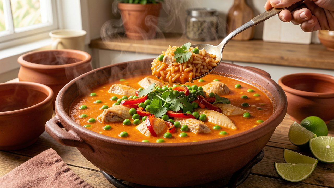 Finished asopao de pollo being finished with peas, roasted peppers, and cilantro