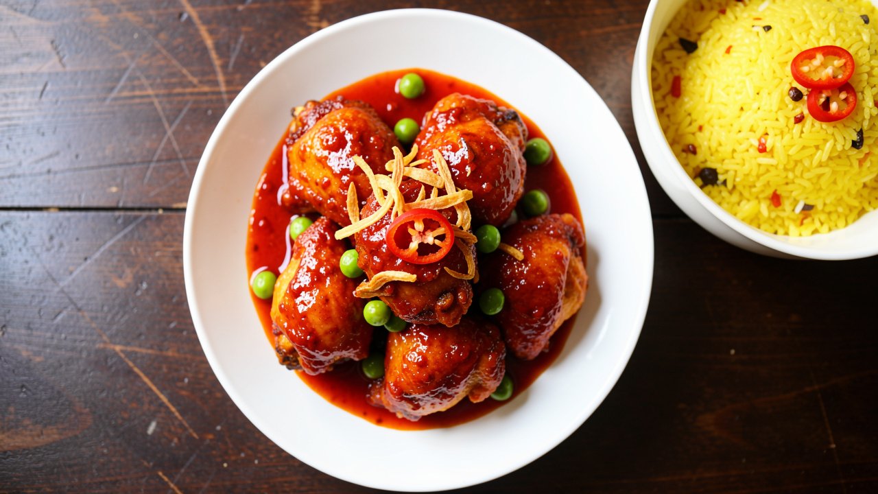 Malaysian ayam masak merah, fried chicken in a glossy red tomato chili gravy with peas, served with rice