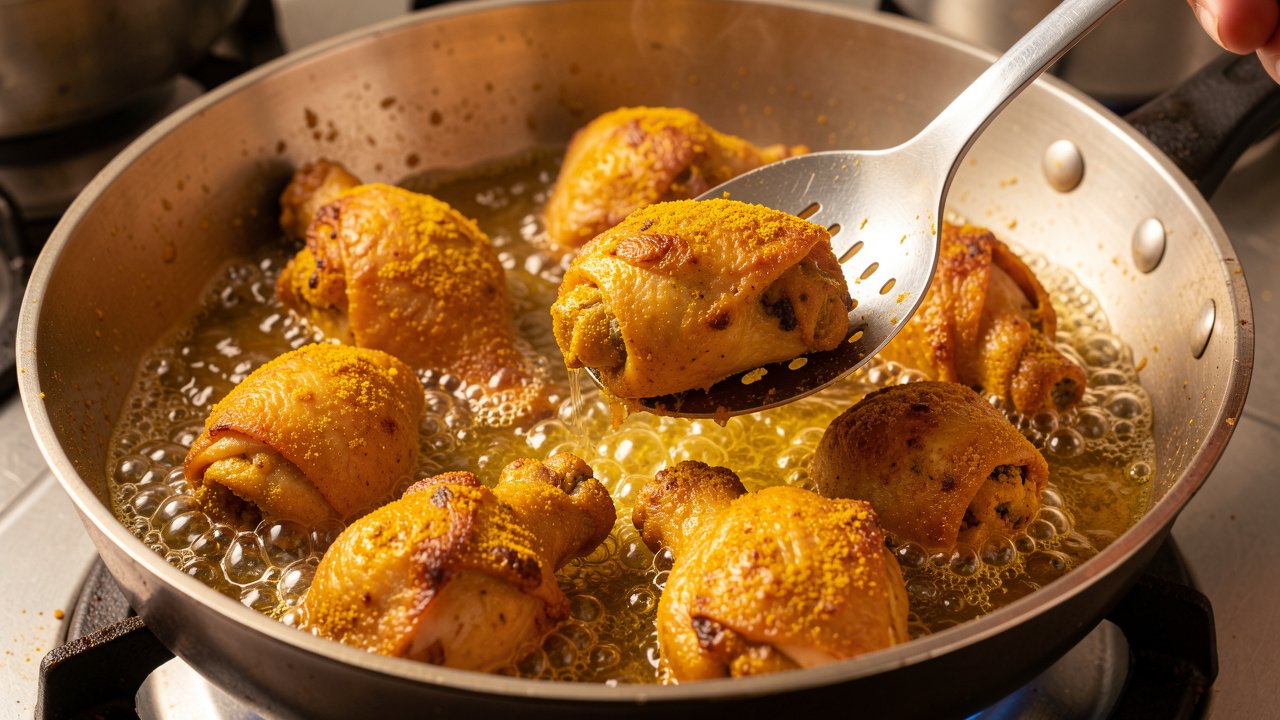 Turmeric-rubbed chicken pieces frying to deep golden in hot oil