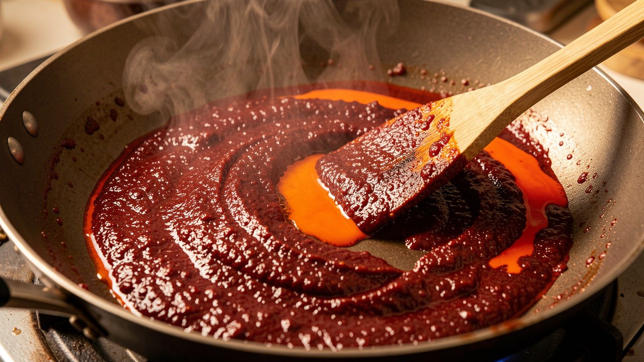 Red chili rempah frying in a wok with oil splitting out at the edges