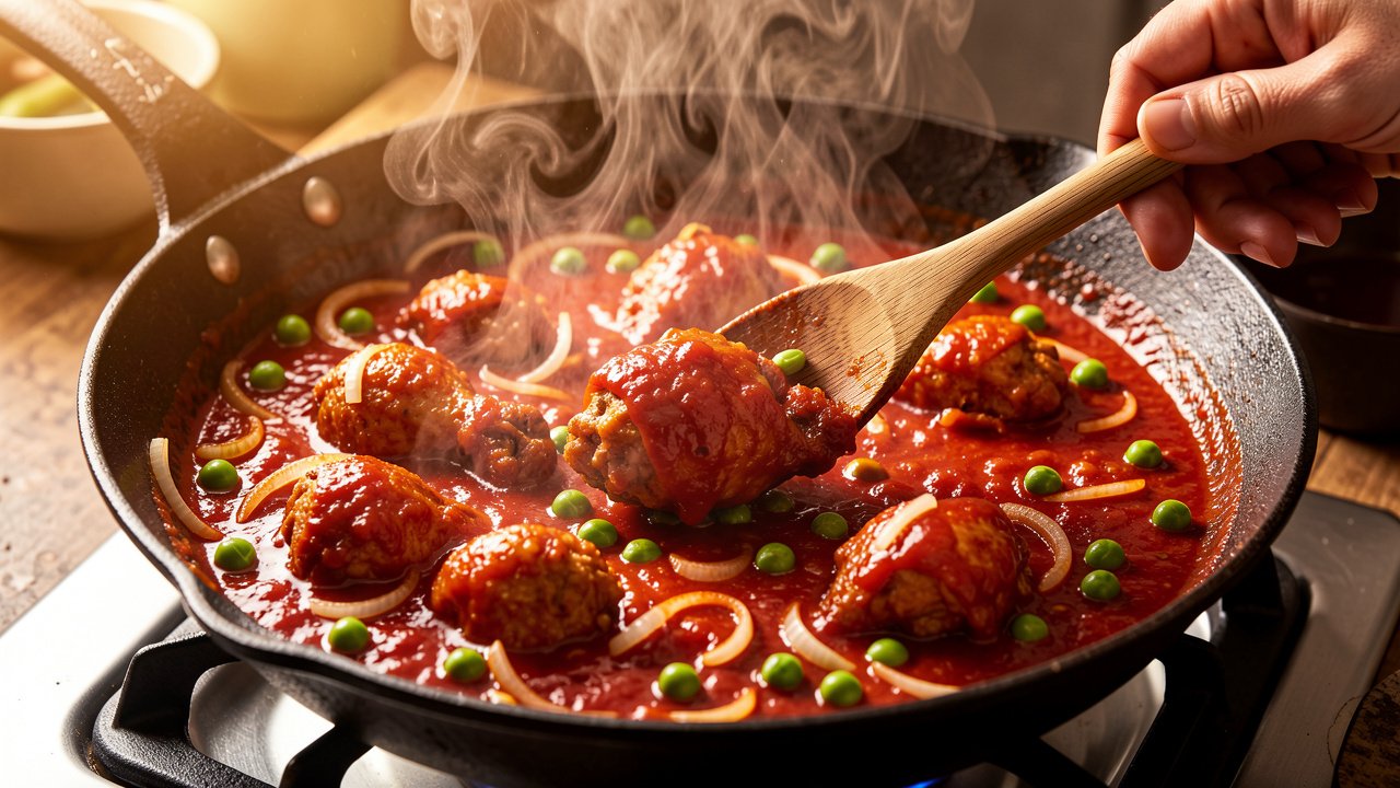 Fried chicken being coated in thick red tomato chili gravy with peas in a wok