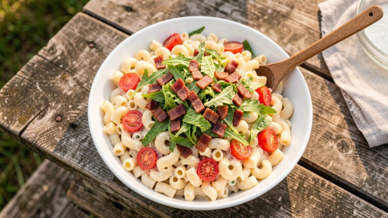 A bowl of bacon lettuce and tomato macaroni salad topped with crisp bacon, cherry tomatoes, and shredded romaine