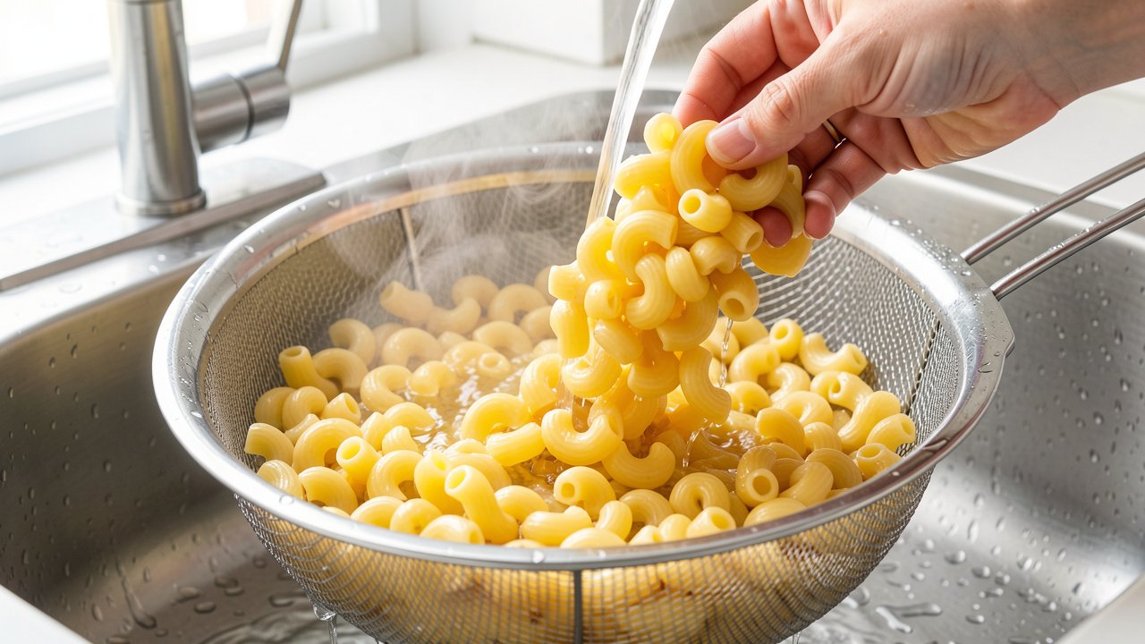 Cooked elbow macaroni being rinsed under cold running water in a colander