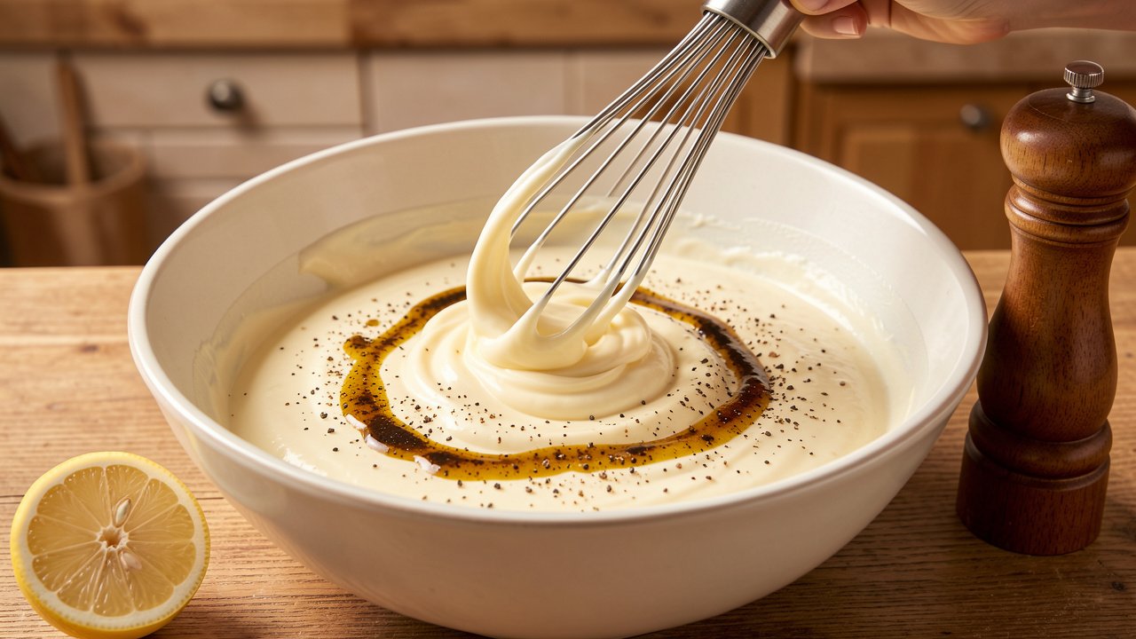 Mayonnaise, Dijon, lemon, and black pepper dressing being whisked in a large bowl
