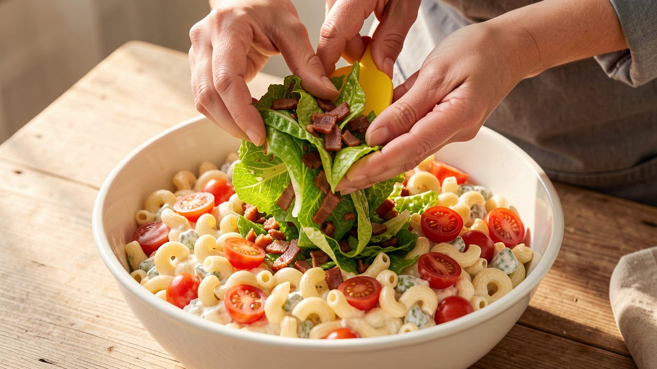 Shredded romaine and crisp turkey bacon being folded into chilled macaroni salad just before serving