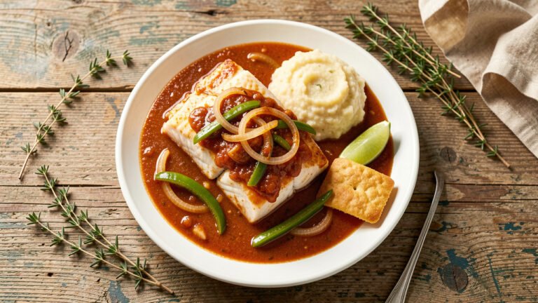 Bahamian stew fish fillets in a brown-red tomato gravy served with grits and a lime wedge