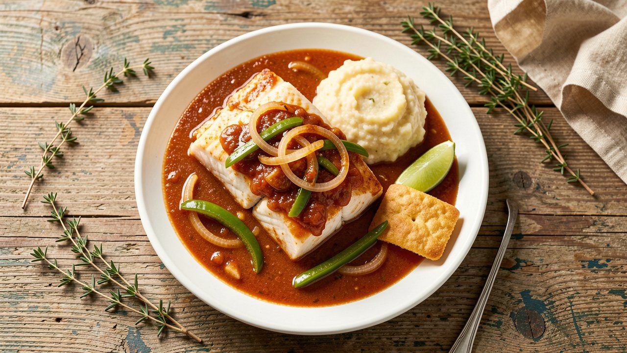 Bahamian stew fish fillets in a brown-red tomato gravy served with grits and a lime wedge