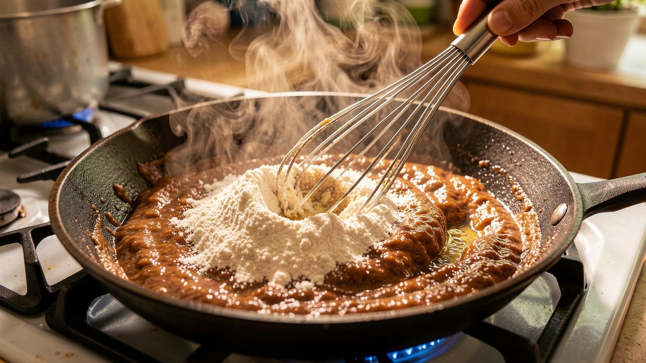 Flour toasting into a deep copper-brown browning roux in a skillet