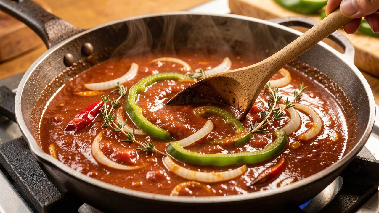Brown-red tomato gravy simmering with onion, bell pepper, and thyme