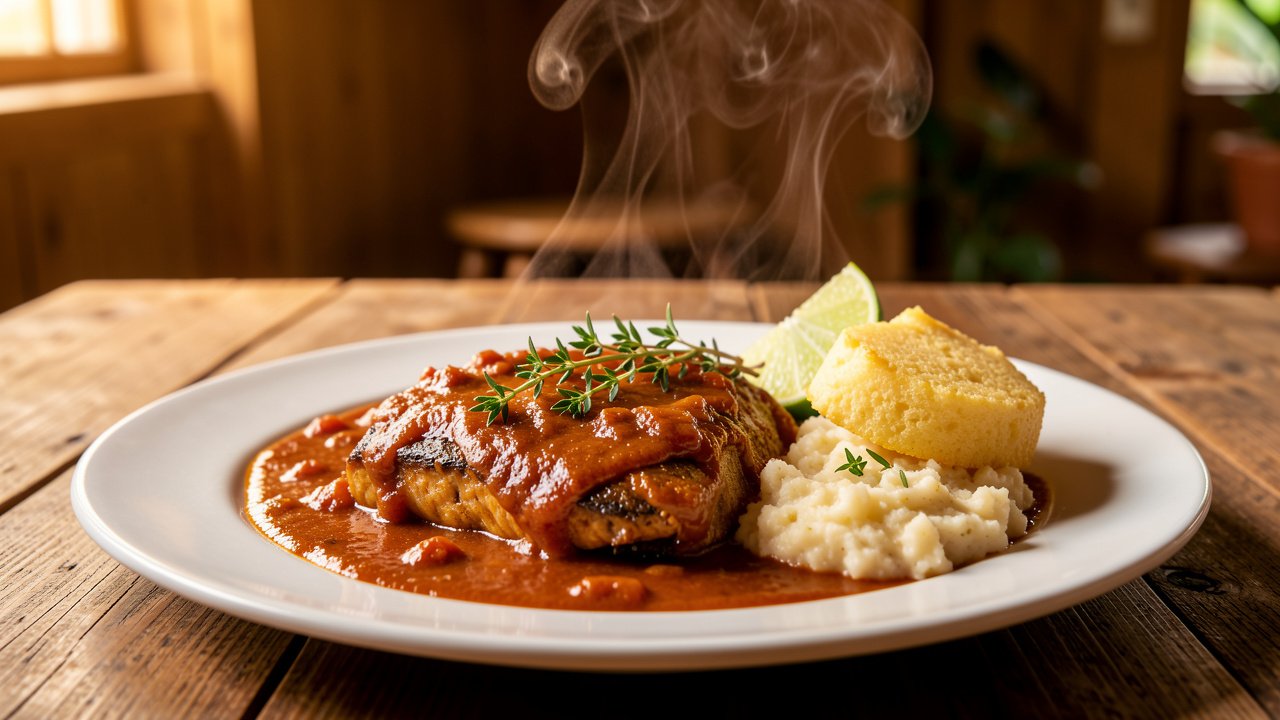 Plated Bahamian stew fish with grits, johnnycake, and a lime wedge