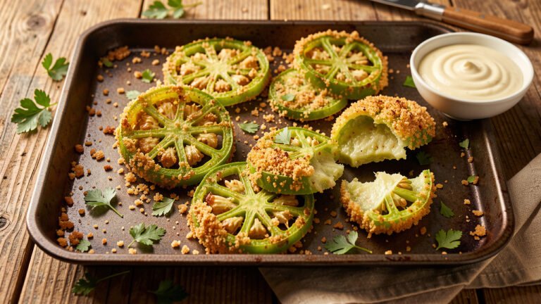 Golden baked green tomatoes with a crisp panko crust on a sheet pan with dipping sauce