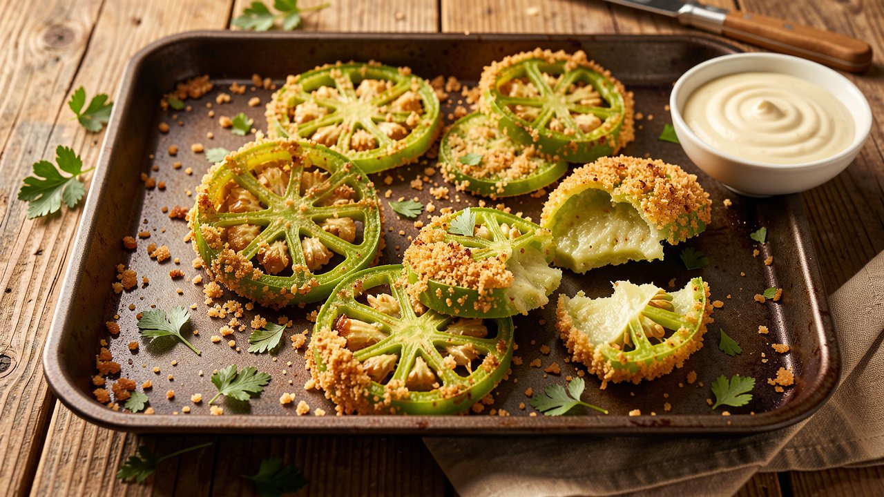 Golden baked green tomatoes with a crisp panko crust on a sheet pan with dipping sauce