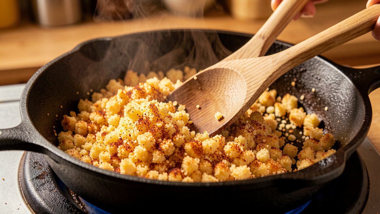 Panko breadcrumbs and cornmeal toasting to golden brown in a dry skillet
