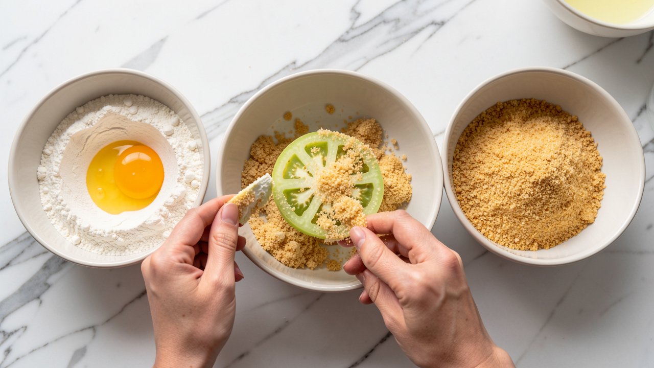 Green tomato slice being coated in flour, egg, and toasted panko in three bowls