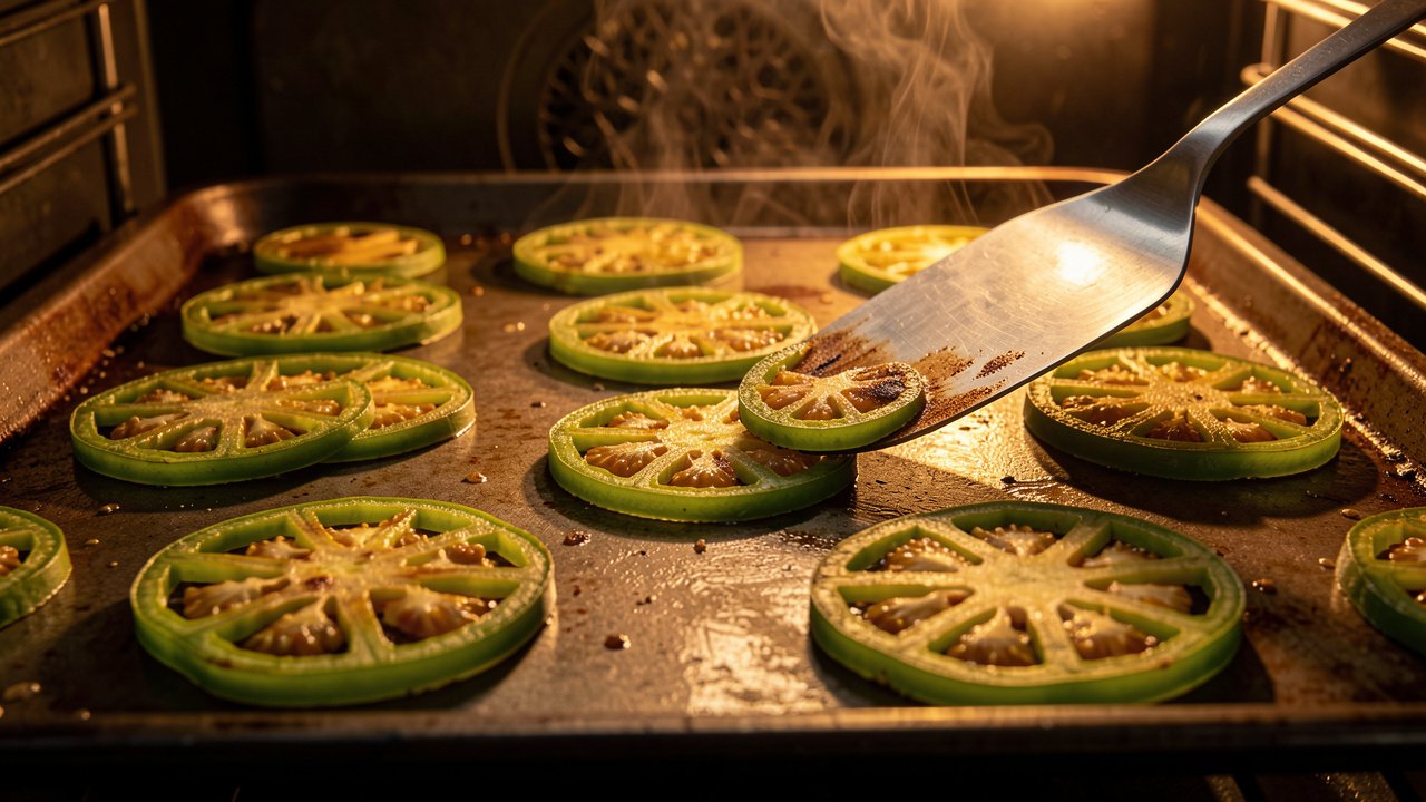Crisp baked green tomatoes being lifted off a hot sheet pan with a spatula