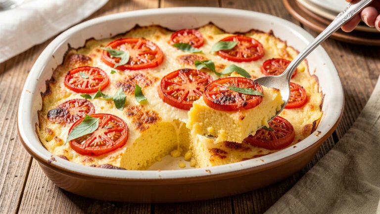 Baked polenta with fresh tomatoes and parmesan in a rustic dish with a browned cheese top and torn basil