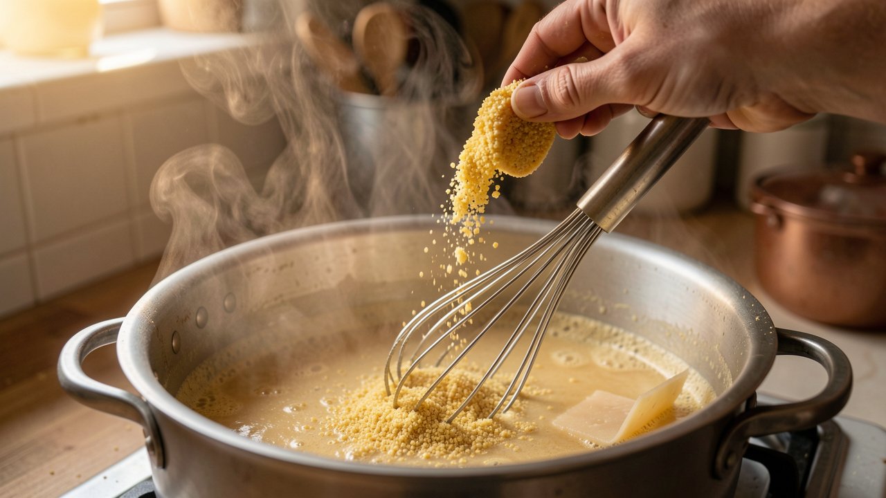 Coarse cornmeal being rained in a thin stream into simmering liquid while a whisk stirs