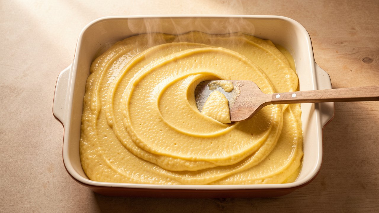 Soft cooked polenta being spread into a baking dish with an offset spatula