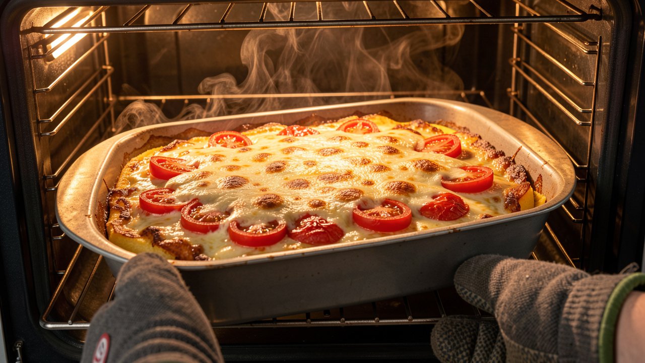 Baked polenta with blistered tomatoes under a browned parmesan crust coming out of the oven