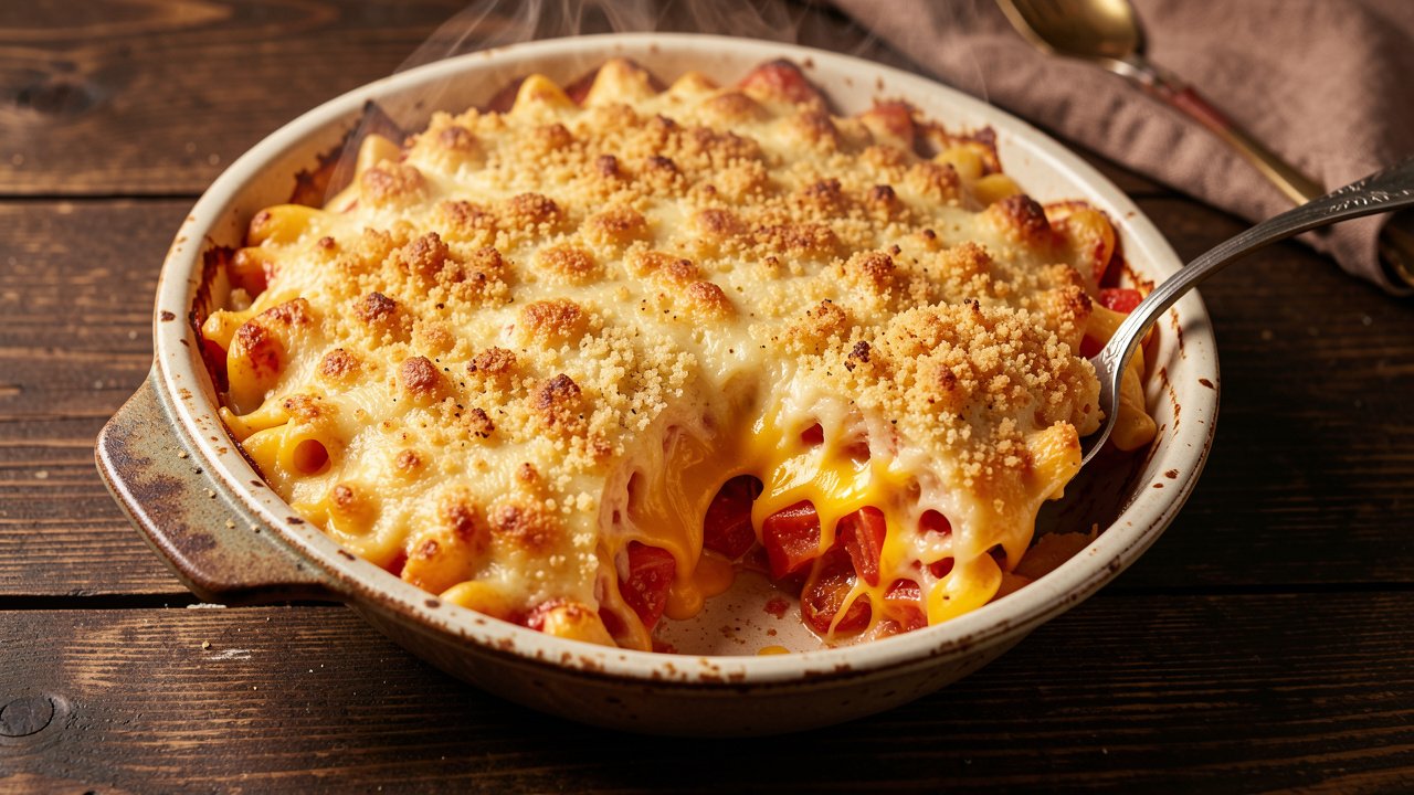 A baked tomato mac and cheese casserole with a golden breadcrumb crust and a spoonful scooped out