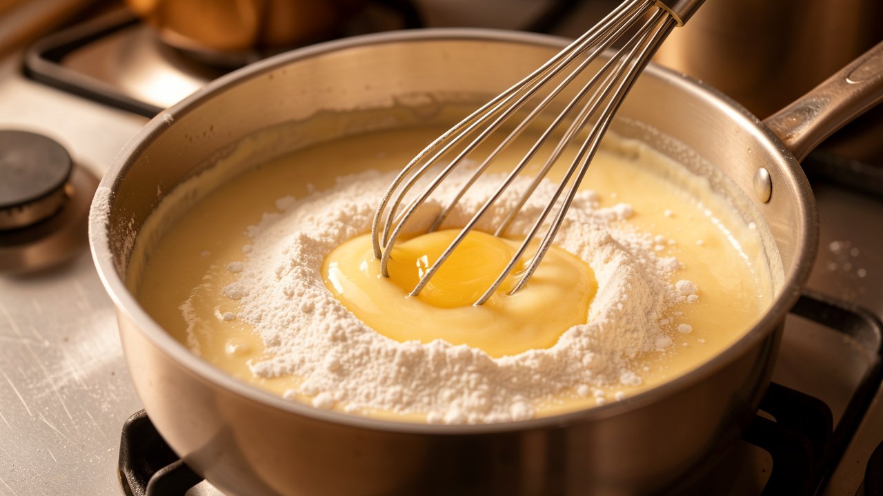 Butter and flour whisked into a smooth pale golden roux in a saucepan