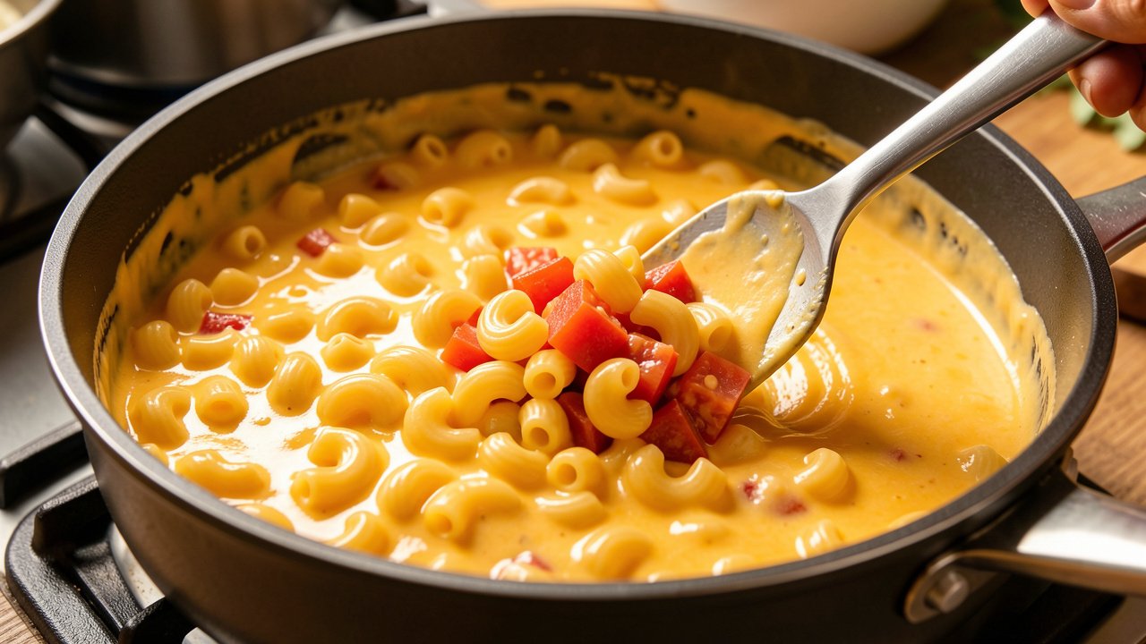 Macaroni and tomatoes folded into creamy cheddar cheese sauce