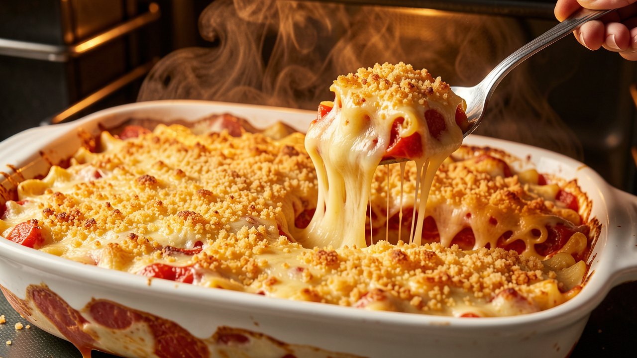 Golden baked tomato mac and cheese with a spoon lifting a cheesy portion