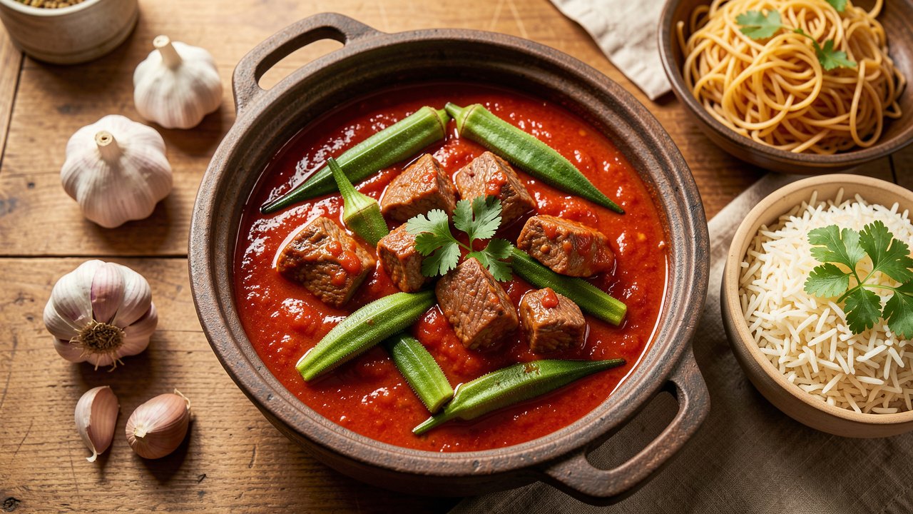 A pot of bamia with whole okra and tender halal lamb in a red tomato sauce, served with rice
