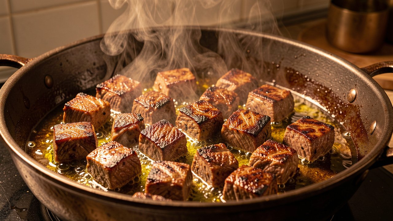 Cubes of halal lamb searing and browning in a heavy pot