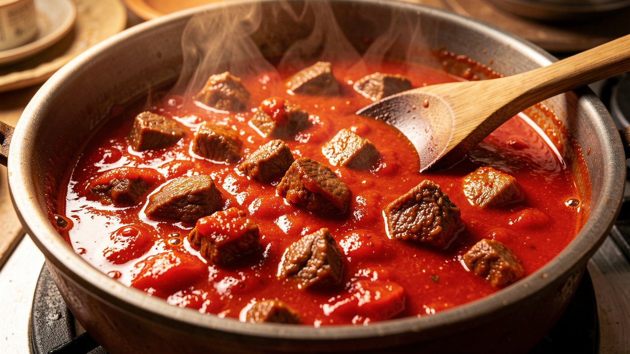 Tender halal lamb simmering in a rich red tomato sauce in a pot