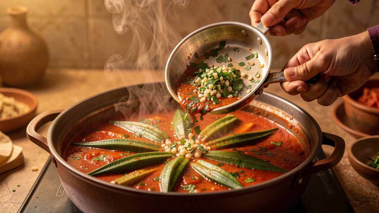 Garlic and cilantro tarka being poured over a pot of bamia with whole okra