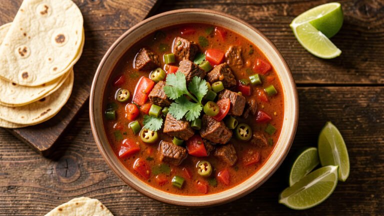 A rustic bowl of beef green chili and tomato stew topped with cilantro, served with warm tortillas and lime