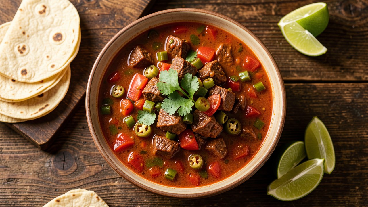 A rustic bowl of beef green chili and tomato stew topped with cilantro, served with warm tortillas and lime