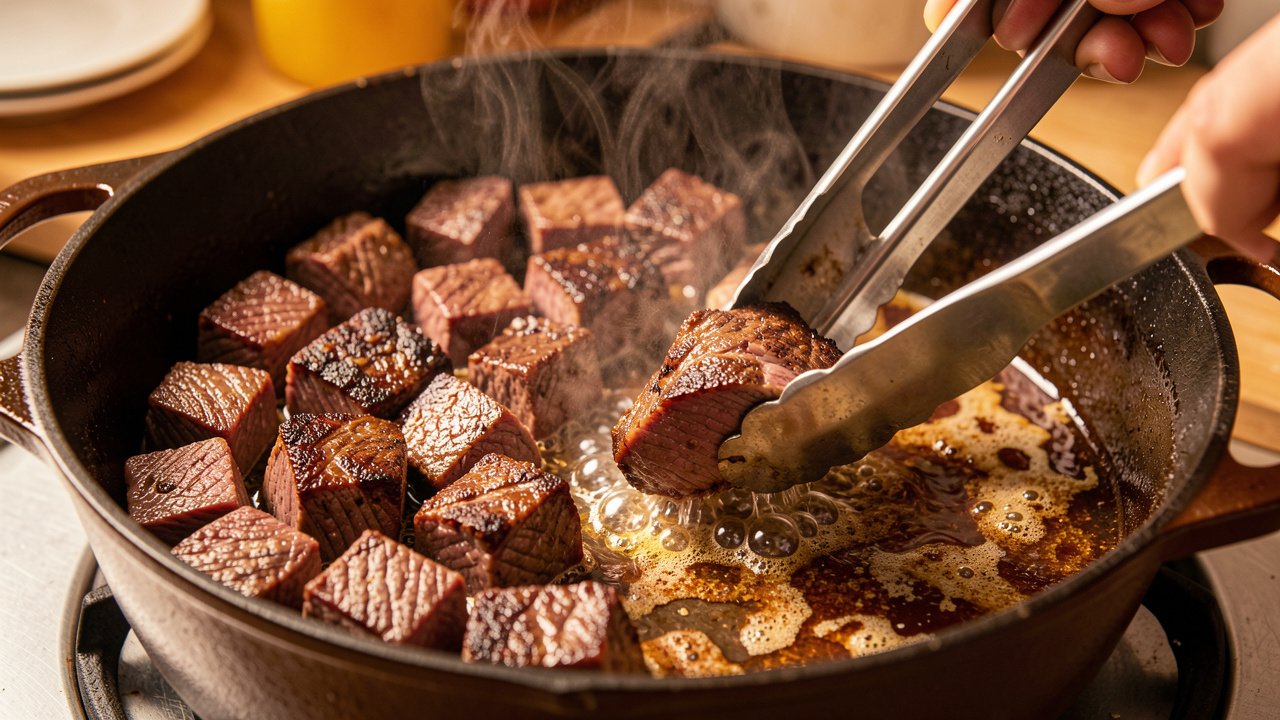Cubes of beef chuck browning in a hot Dutch oven with a deep crust