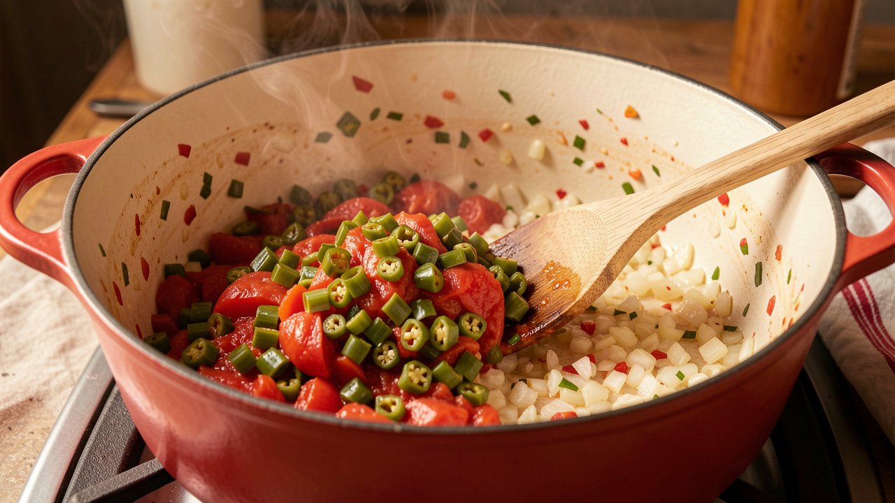 Roasted green chilies and tomatoes stirred into onions in a Dutch oven