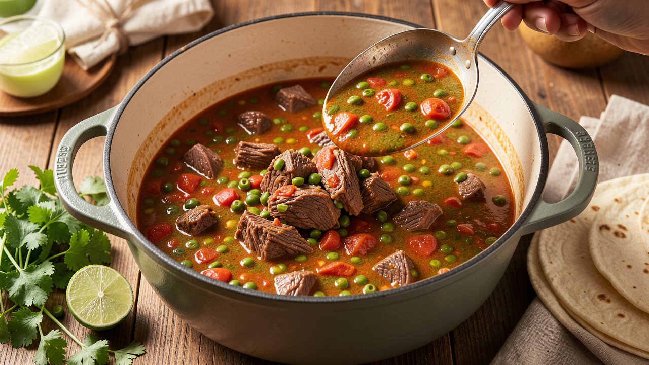 Finished beef green chili and tomato stew being ladled from a Dutch oven with cilantro and lime