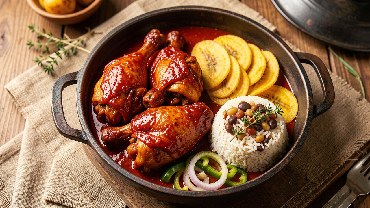 Belizean stew chicken in a rich brown-red gravy served with rice and beans and fried plantain