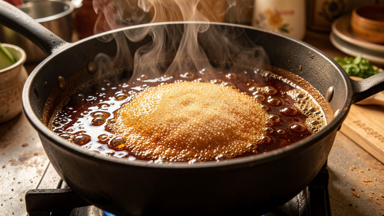 Sugar caramelizing into deep amber in hot oil in a heavy pot