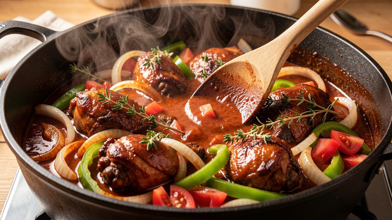 Browned chicken with onion, bell pepper, tomato and thyme forming a red-brown gravy