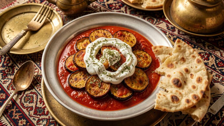 Afghan borani banjan: golden fried eggplant in red tomato sauce topped with garlic-mint yogurt, served with flatbread