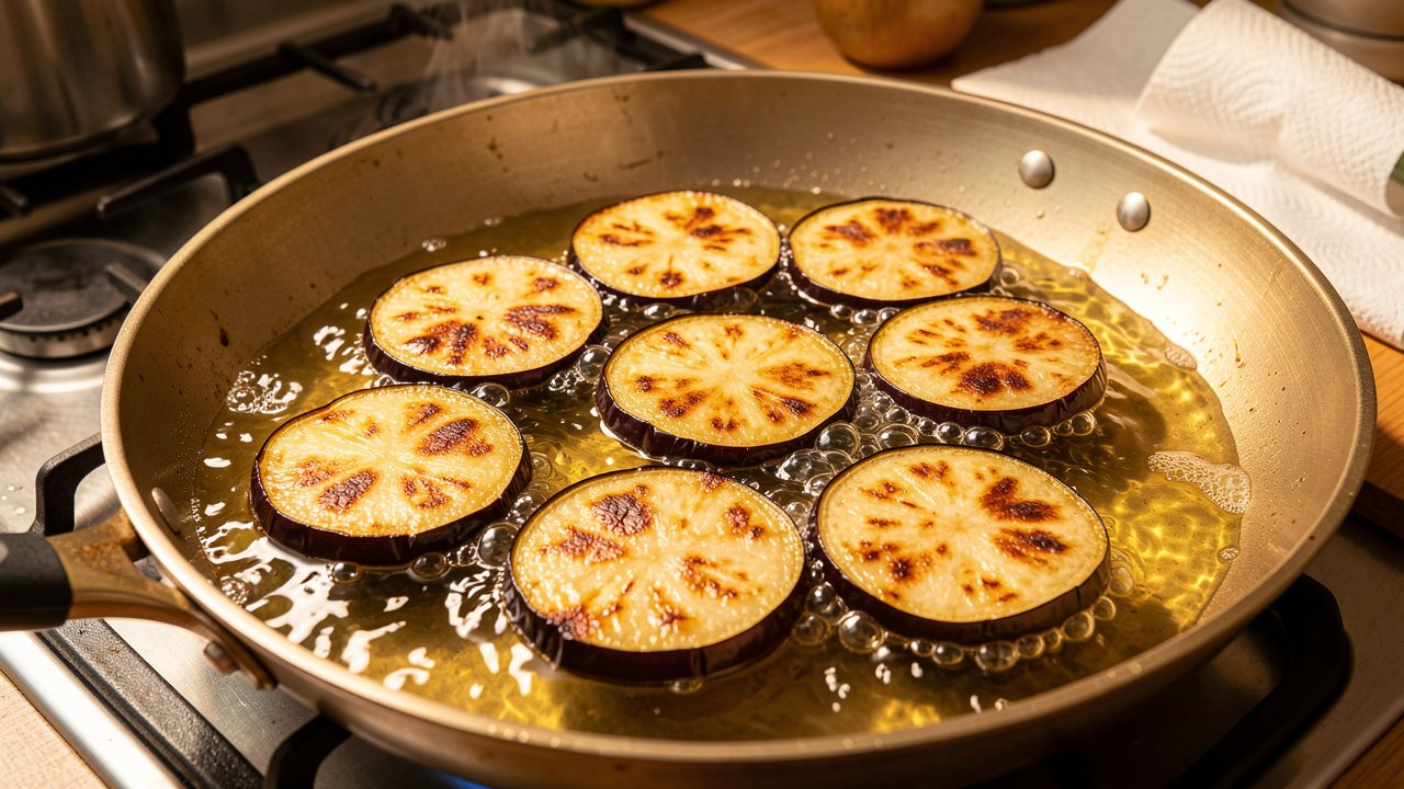 Golden eggplant rounds frying in a wide pan until crisp at the edges