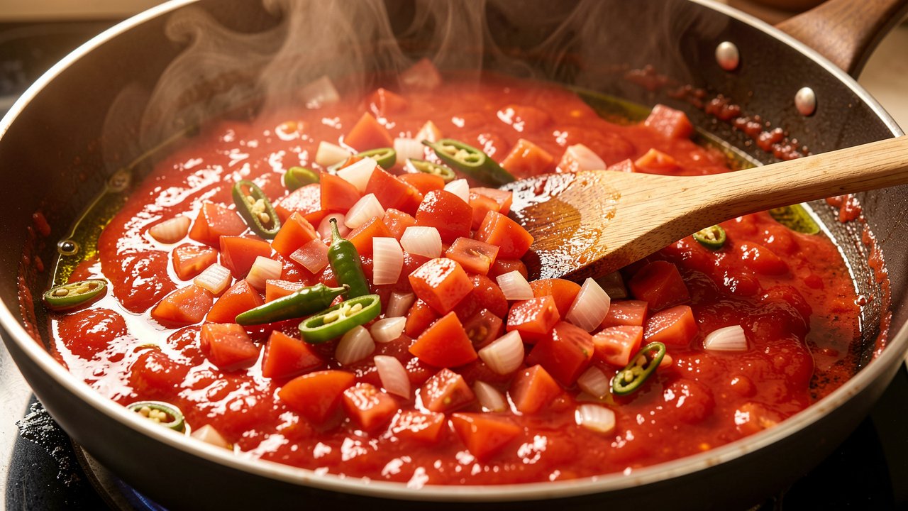 Tomatoes and onion simmering into a thick glossy red sauce with green chili
