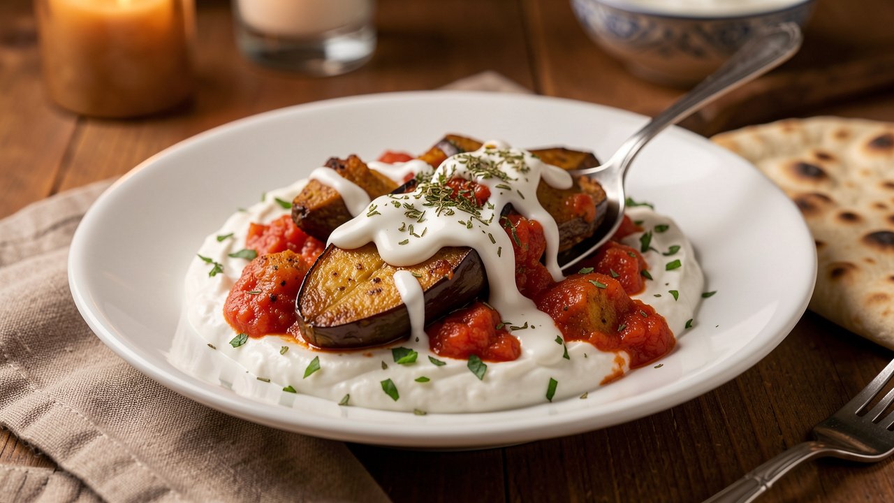 Borani banjan plated over garlic-mint yogurt, drizzled with more yogurt and dusted with dried mint