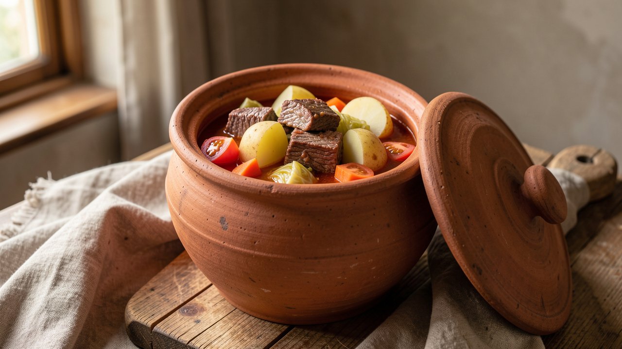 A tall clay pot of bosanski lonac with layered halal beef, cabbage, potato, carrot and tomato in rich broth