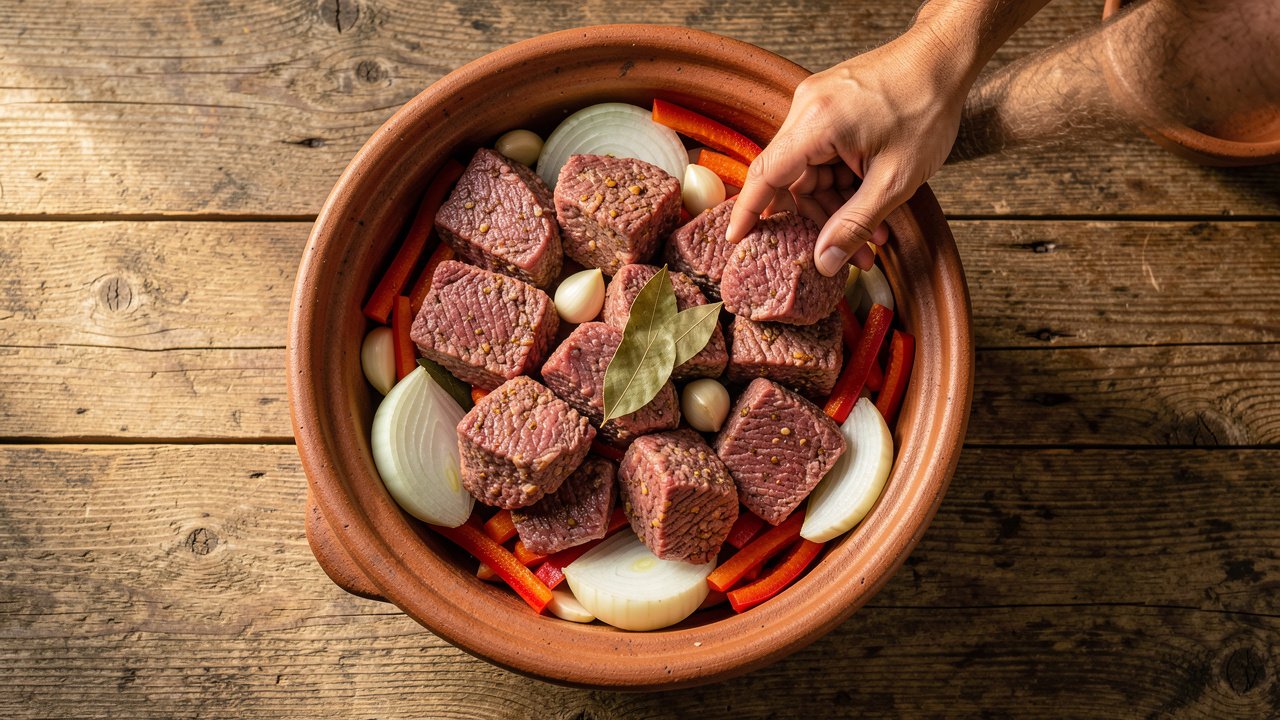 Chunks of seasoned halal beef arranged over onion and pepper in the base of a tall clay pot