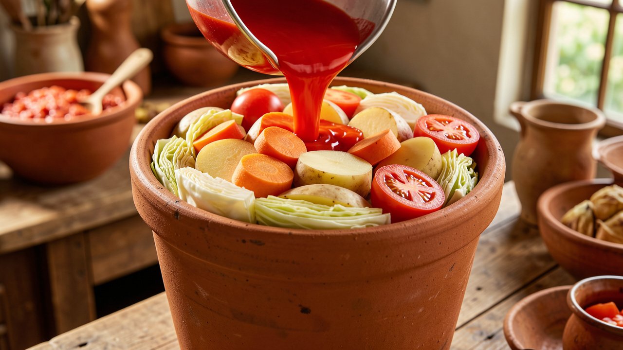 Tomato stock poured down the side of a clay pot layered with cabbage, potato, carrot and tomato