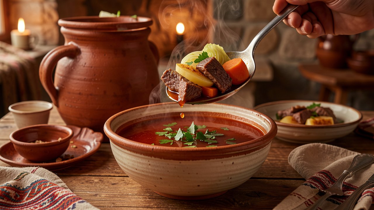 A ladle lifting tender meat, cabbage, potato and carrot from a clay pot of bosanski lonac into a bowl