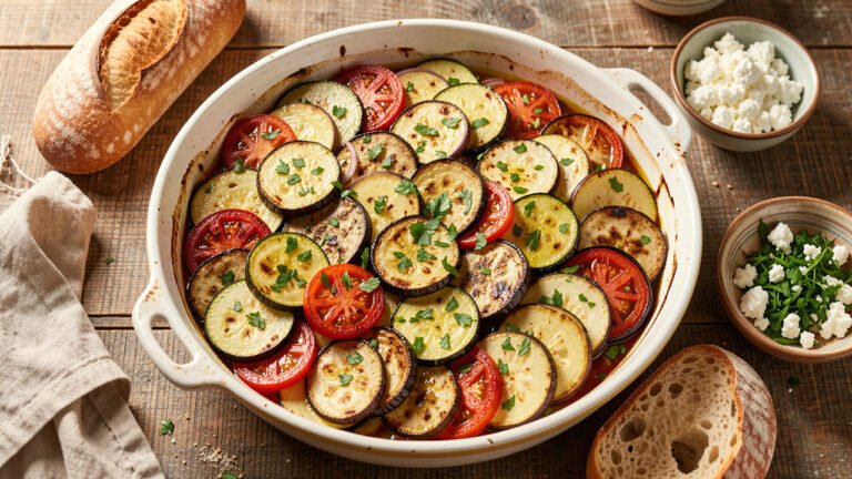 A baking dish of Greek Briam with roasted zucchini, potato, eggplant, and tomato in olive oil, topped with parsley